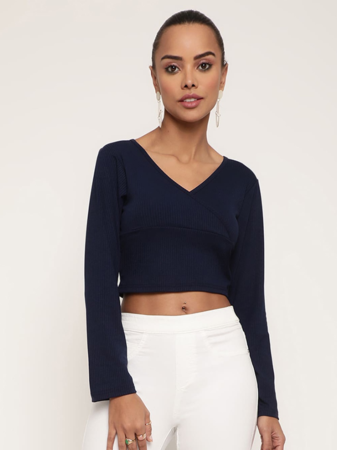 

BAESD V-Neck Ribbed Wrap Crop Top, Navy blue