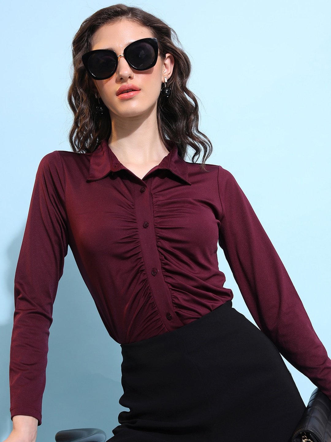 

Tokyo Talkies Burgundy Ruched Shirt Style Top