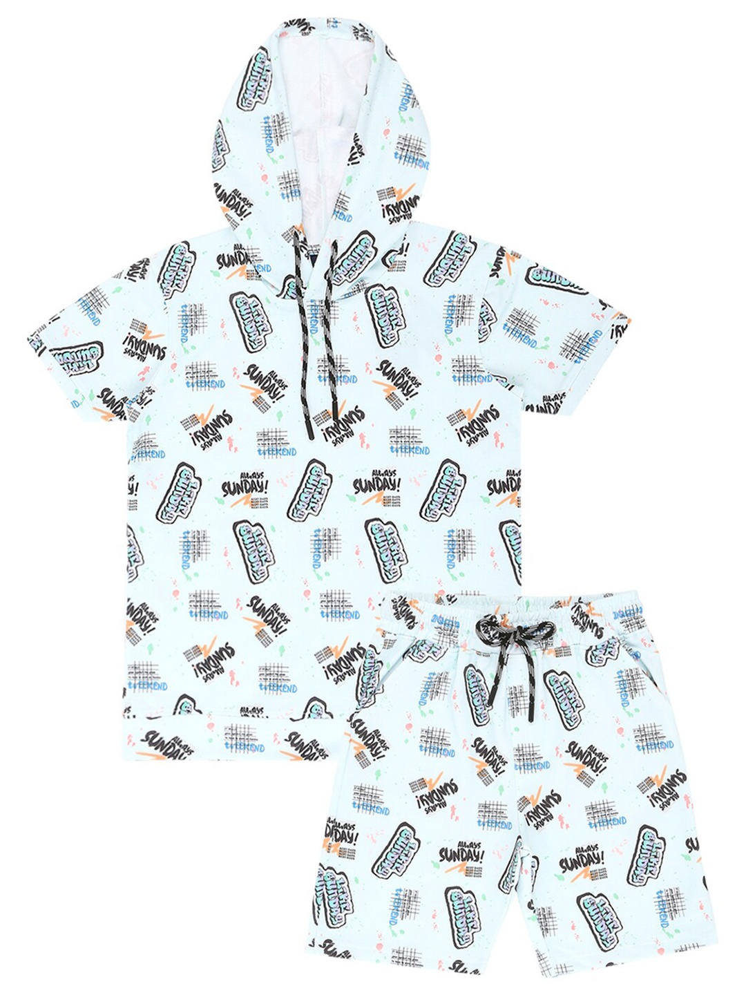 

CAVIO Boys Printed Hooded Pure Cotton T-shirt with Shorts, Blue