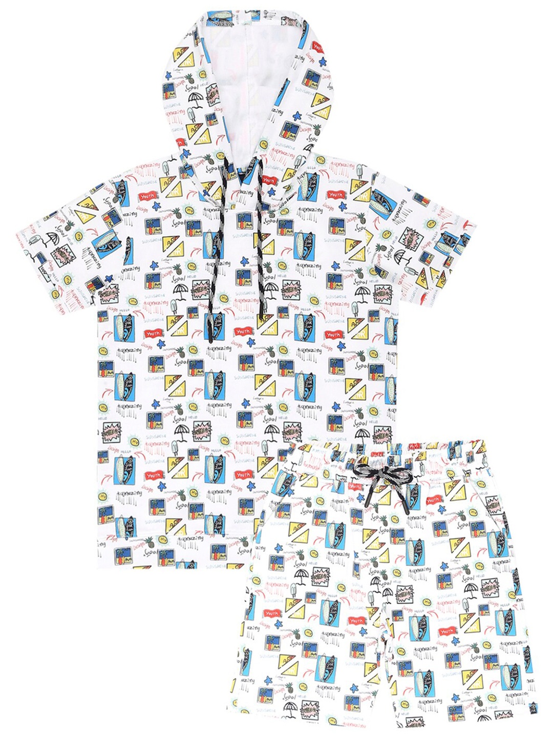 

CAVIO Boys Printed Hooded Pure Cotton T-shirt with Shorts, White