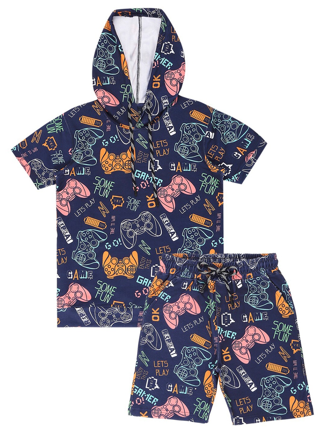 

CAVIO Boys Printed Hooded Pure Cotton T-shirt with Shorts, Navy blue