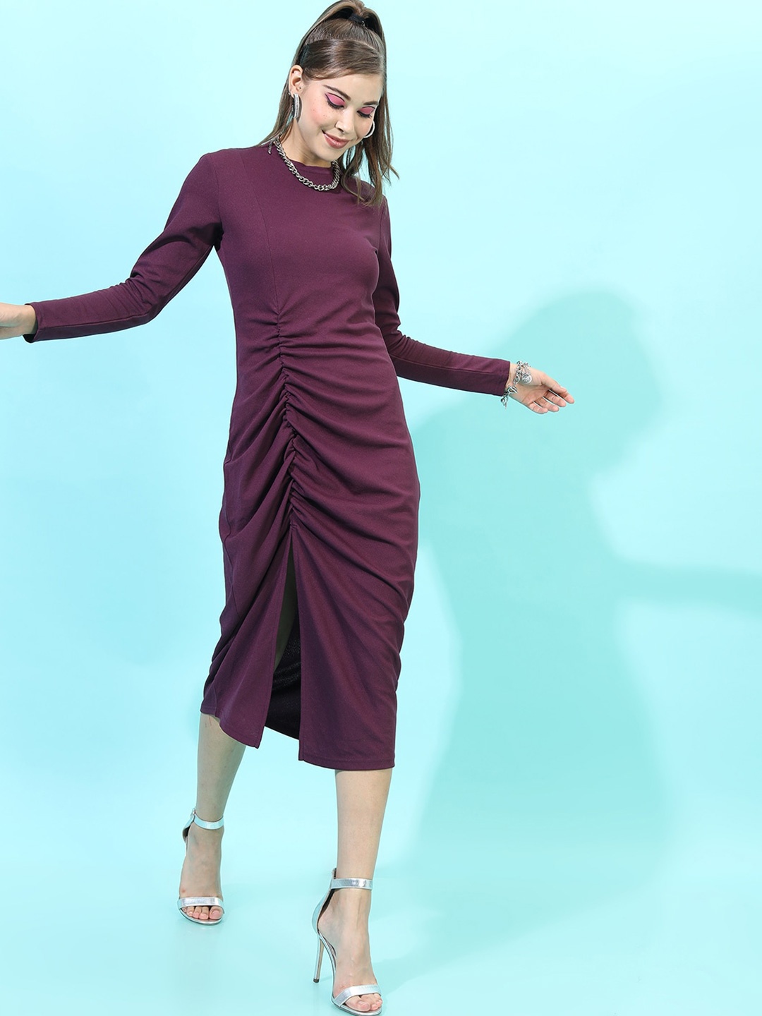 

Tokyo Talkies Purple Long Sleeves Ruched Sheath Midi Dress