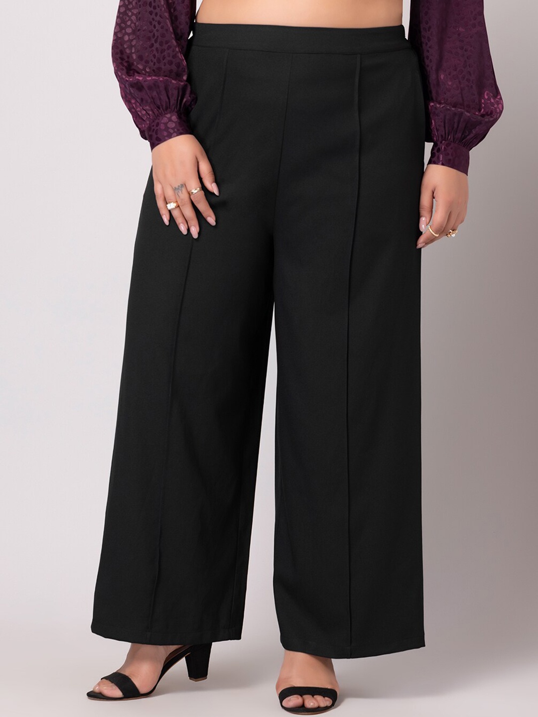 

FabAlley Women Black Mid- Rise Pleated Parallel Trousers