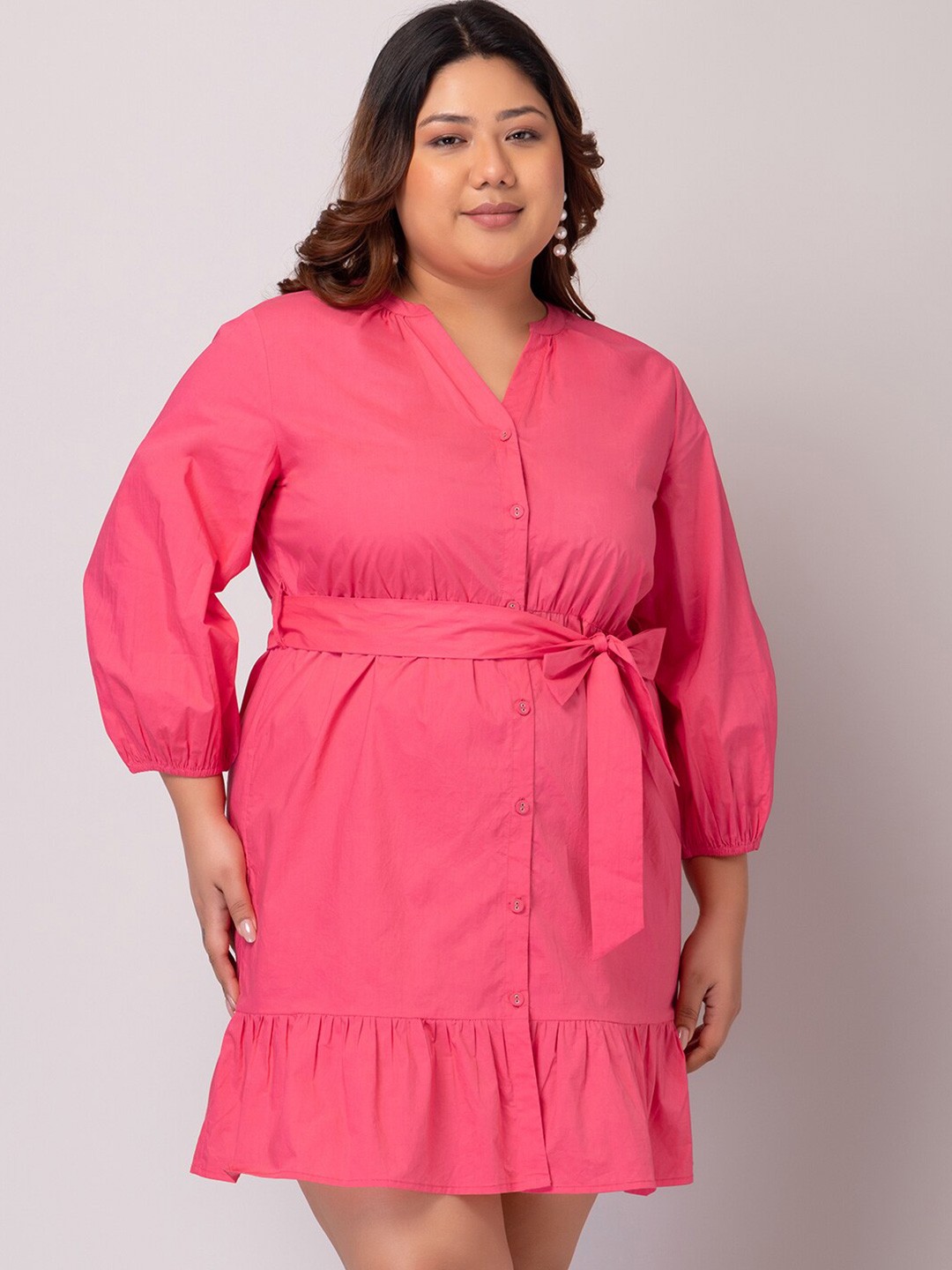 

FabAlley Curve Plus Size Mandarin Collar Puff Sleeve Pure Cotton Shirt Style Dress, Pink