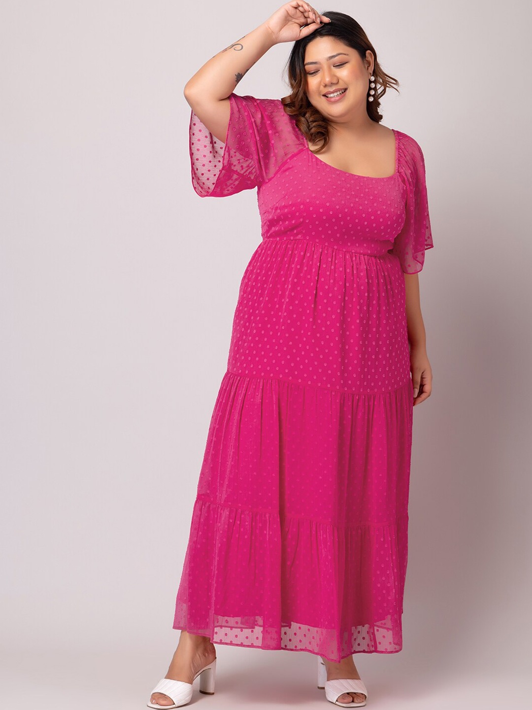 

FabAlley Curve Plus Size Polka Dot Printed Tiered Detailed Bell Sleeves Fit & Flare Dress, Pink