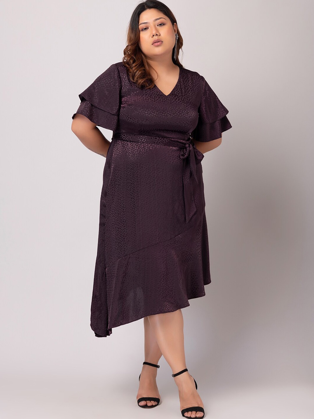 

FabAlley Curve Plus Size Self Designed V-Neck Flared Sleeves Satin A-Line Dress, Purple