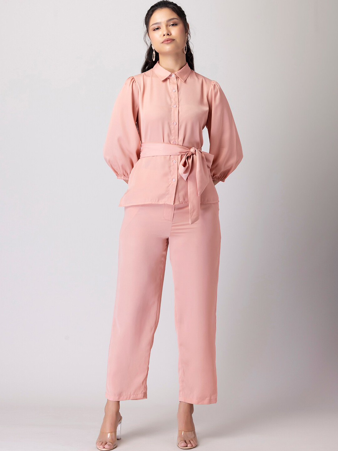 

FabAlley Peach Coloured Spread Collar Shirt & Trousers With Belt