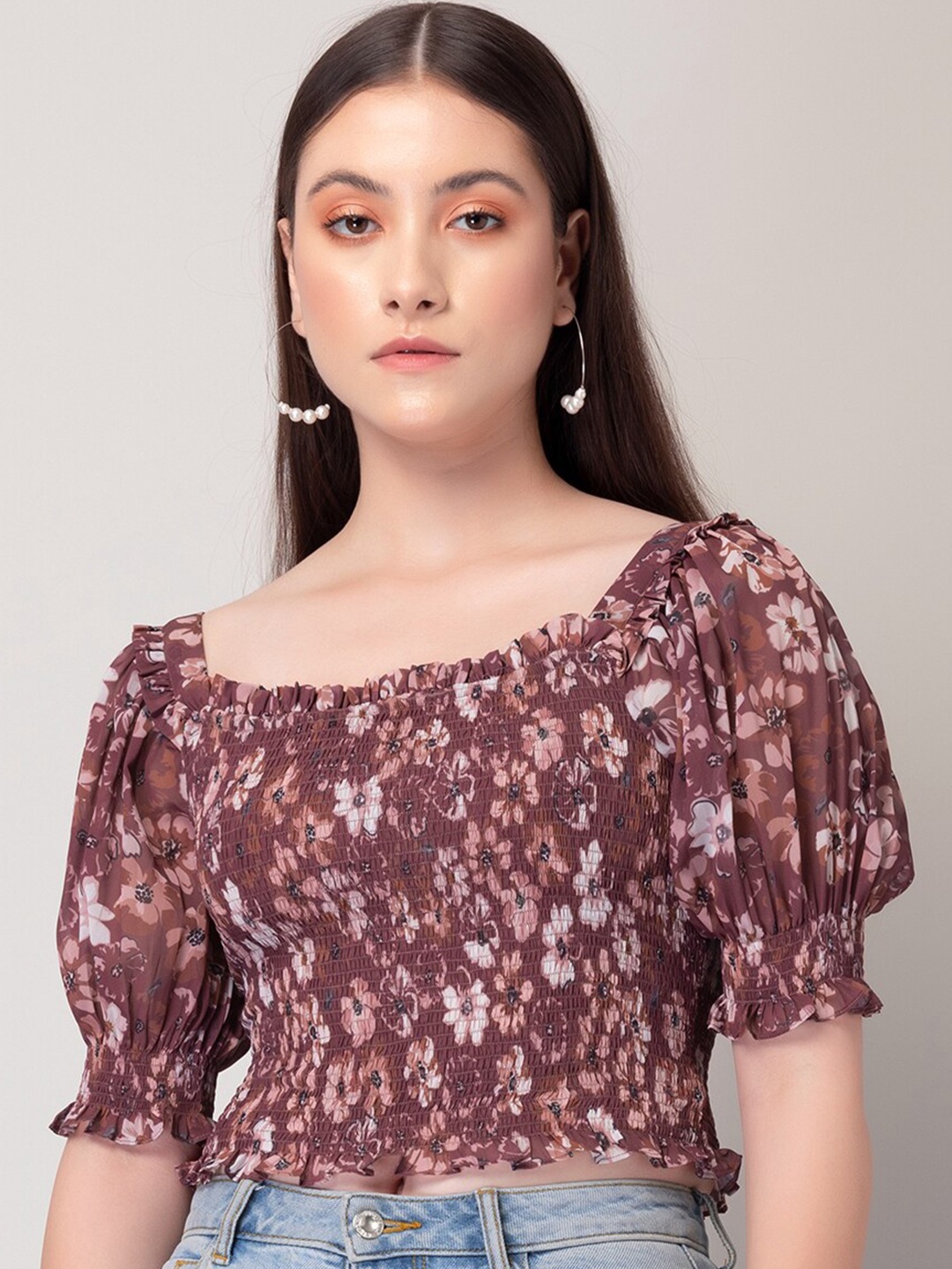 

FabAlley Brown Floral Printed Puff Sleeves Smocked Fitted Crop Top