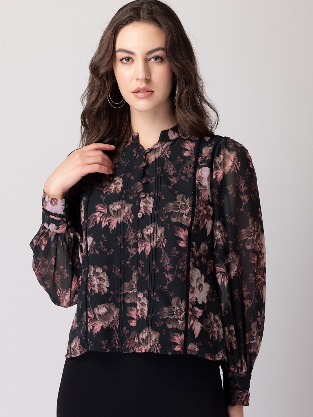 

FabAlley Black Floral Printed Mandarin Collar Cuffed Sleeves Shirt Style Top