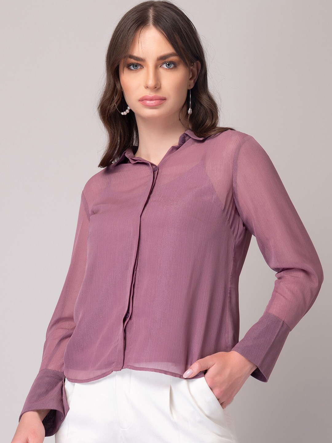 

FabAlley Pink Spread Collar Semi Sheer Casual Shirt