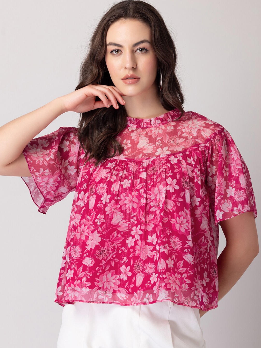 

FabAlley Pink Floral Printed High Neck Flared Sleeves Gathered Top