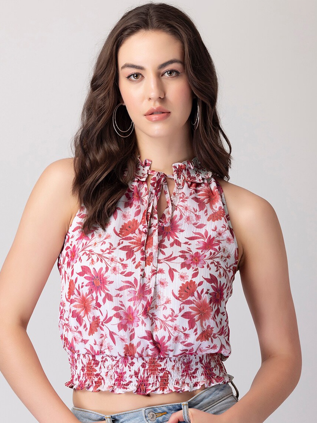 

FabAlley White Floral Printed Tie-Up Neck Blouson Crop Top