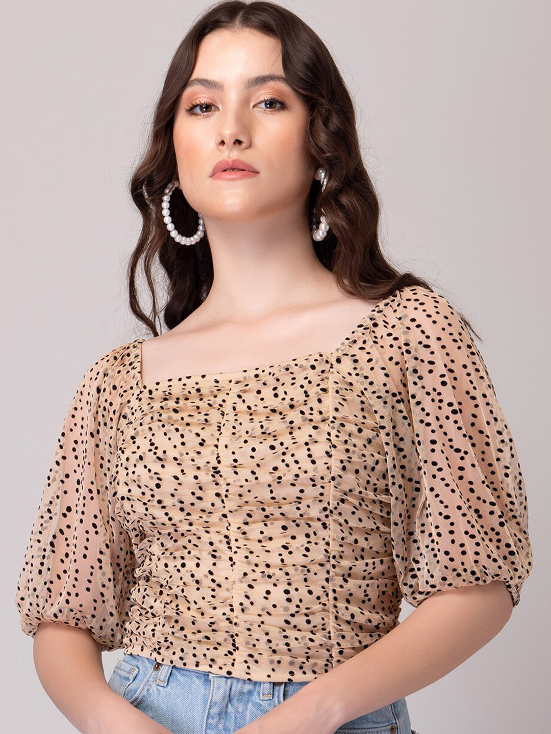 

FabAlley Beige Polka Dots Printed Puff Sleeves Crop Top