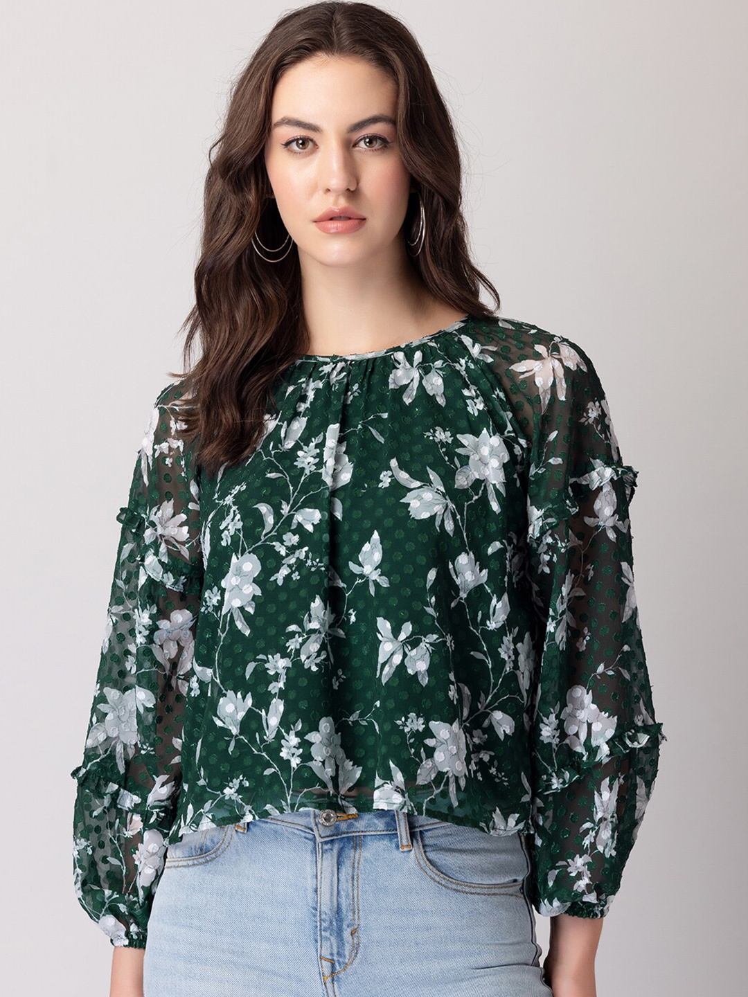 

FabAlley Green Floral Printed Gathered Top