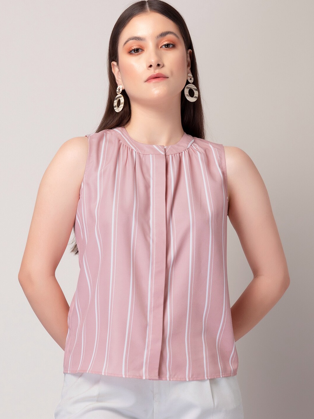 

FabAlley Pink Vertical Striped Sleeveless Top