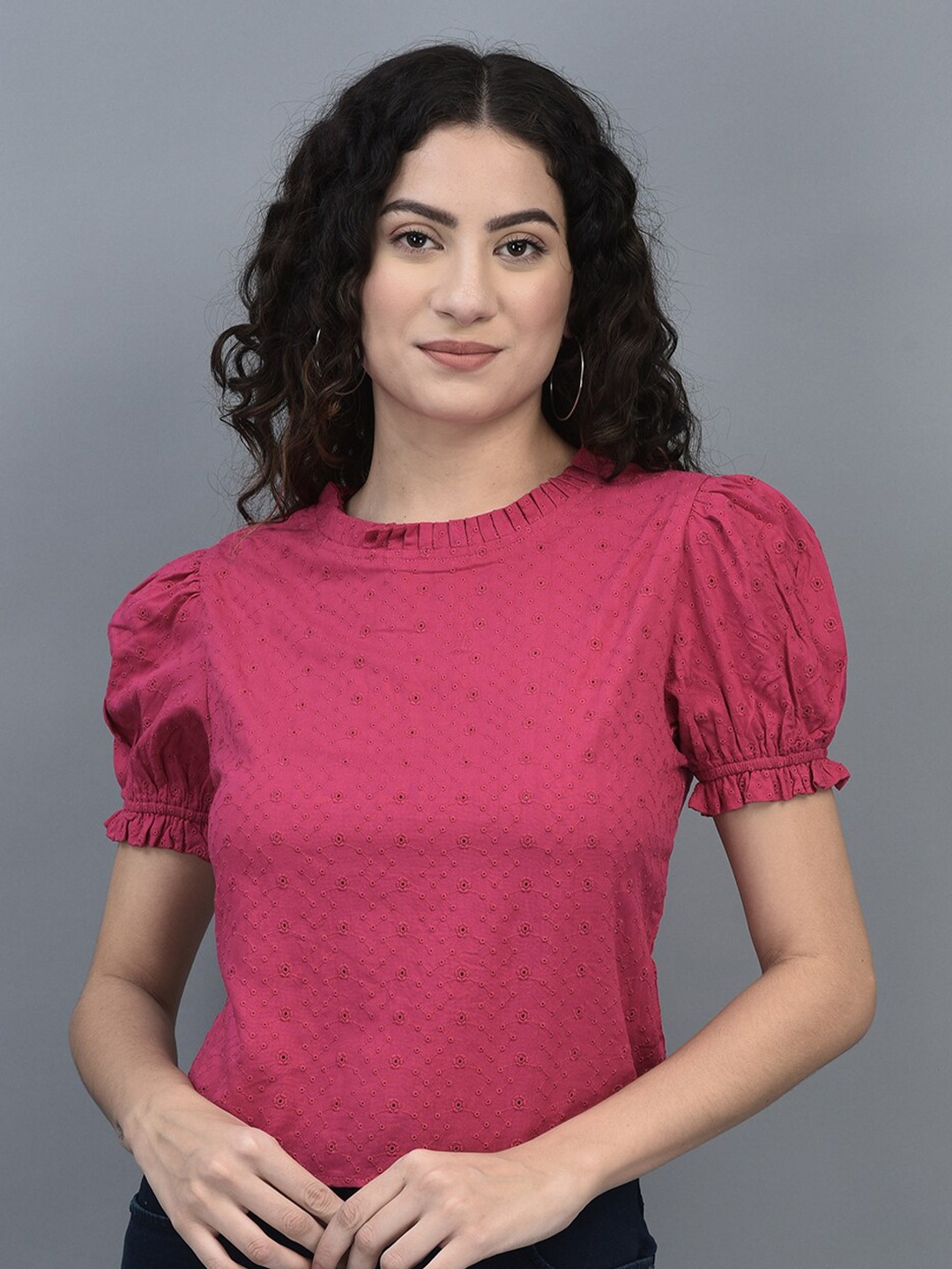 

CANOE Self Design Puff Sleeves Top, Pink