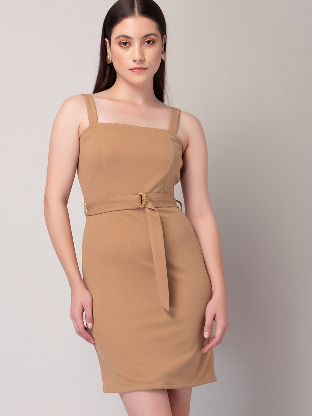 

FabAlley Beige Shoulder Straps Belted Sheath Dress