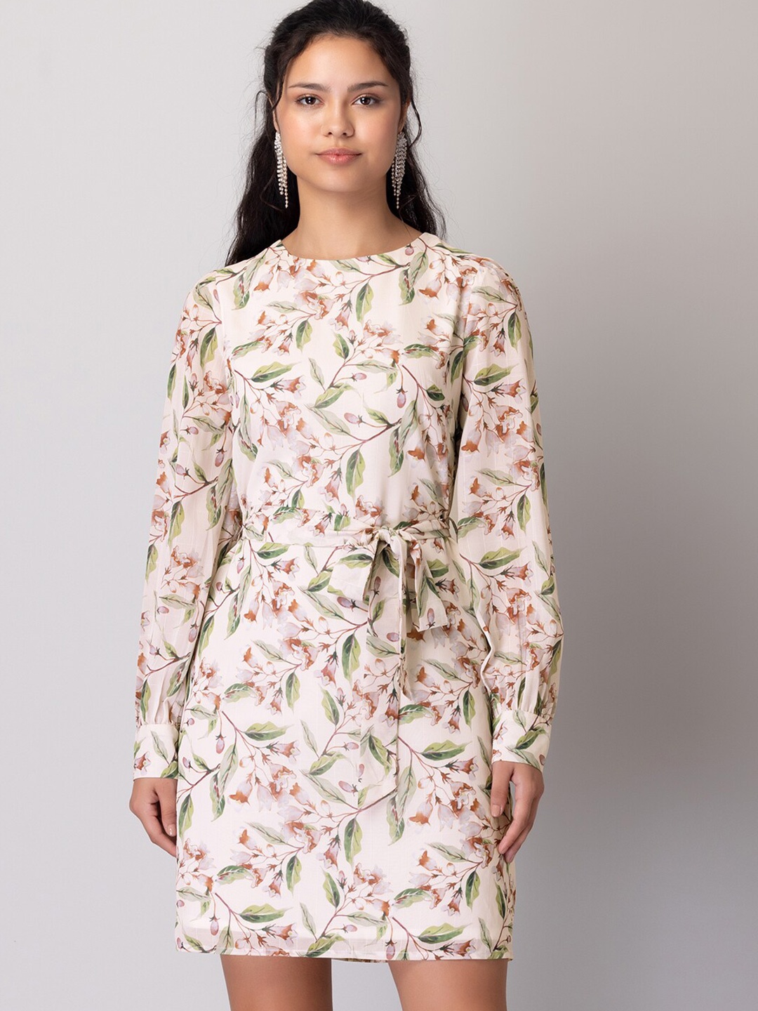 

FabAlley White Floral Printed Cuffed Sleeves Belted Sheath Dress