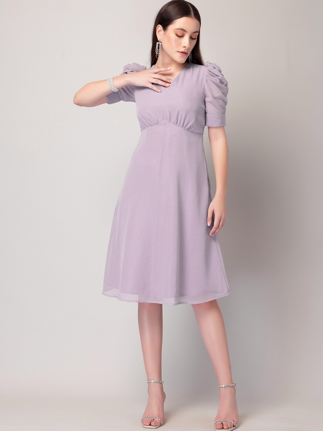 

FabAlley Purple V-Neck Puff Sleeves Gathered Empire Dress