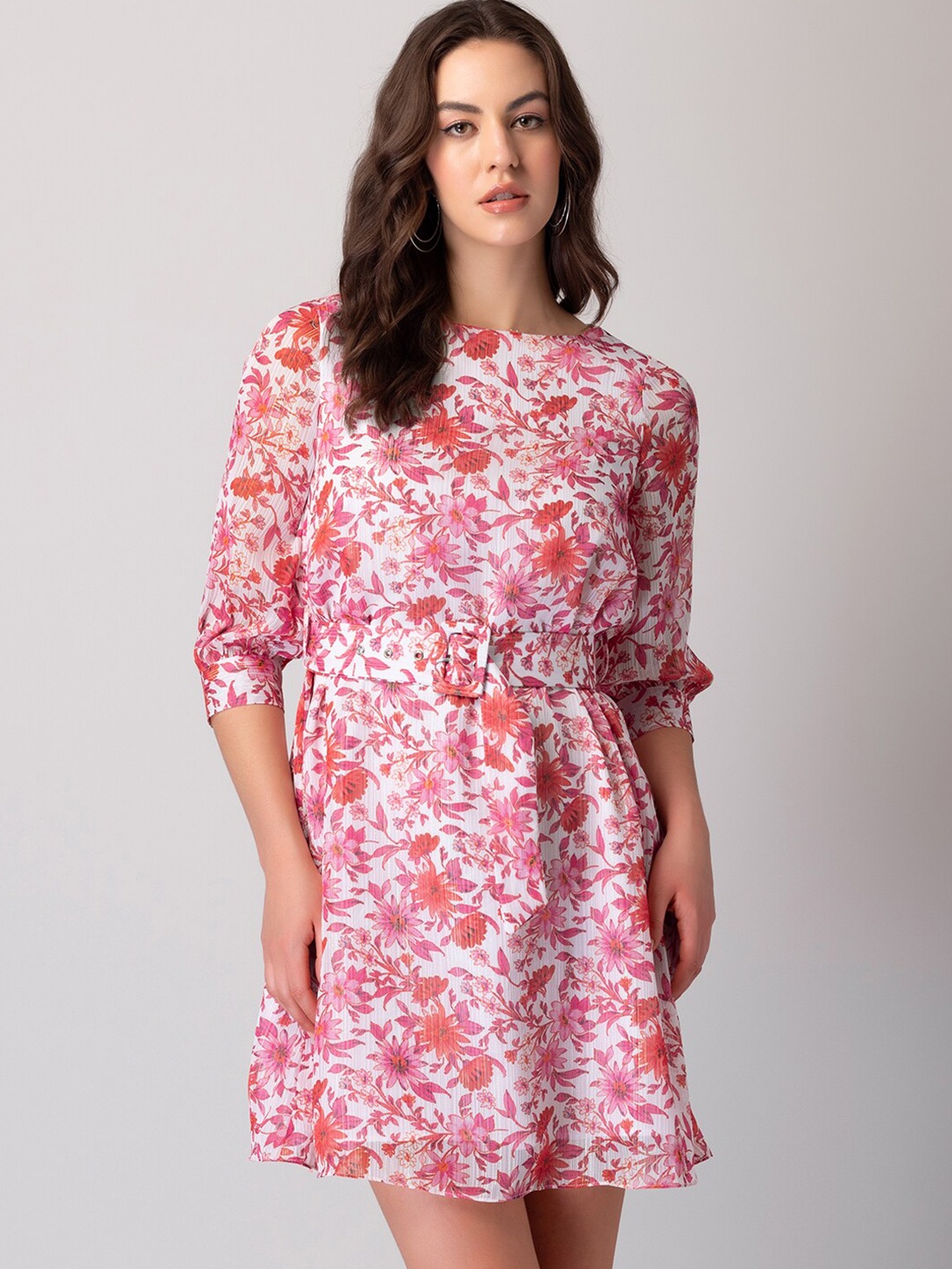 

FabAlley White, Red & Pink Floral Printed Belt Detailed Boat Neck A-Line Dress