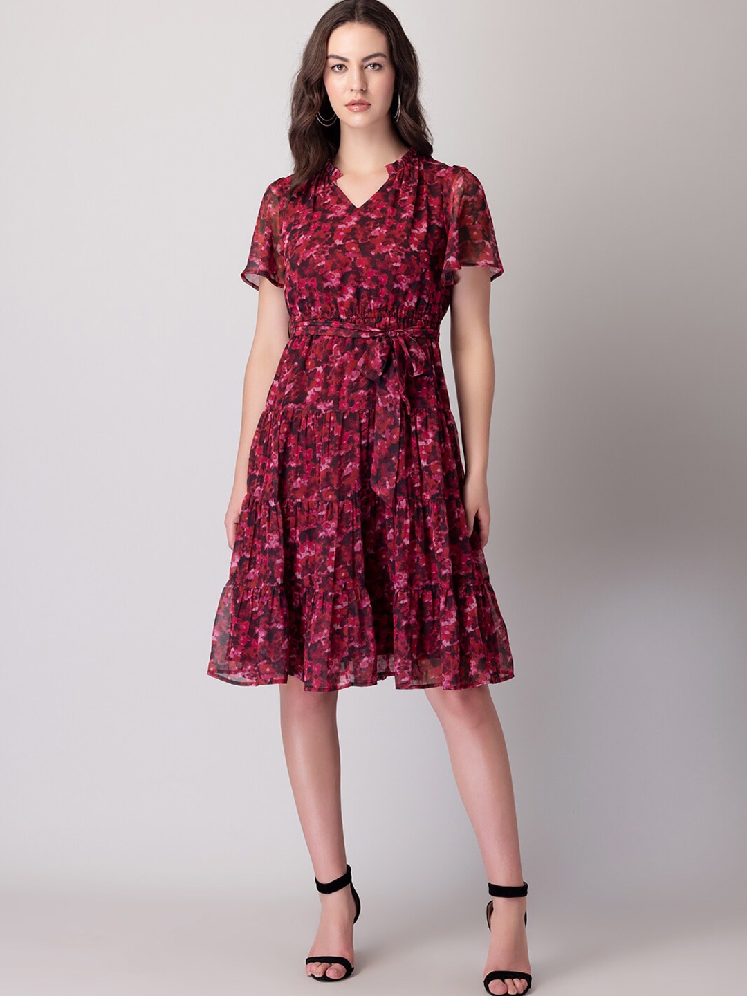 

FabAlley Pink & Black Floral Printed Tiered Detailed Mandarin Collar A-Line Dress