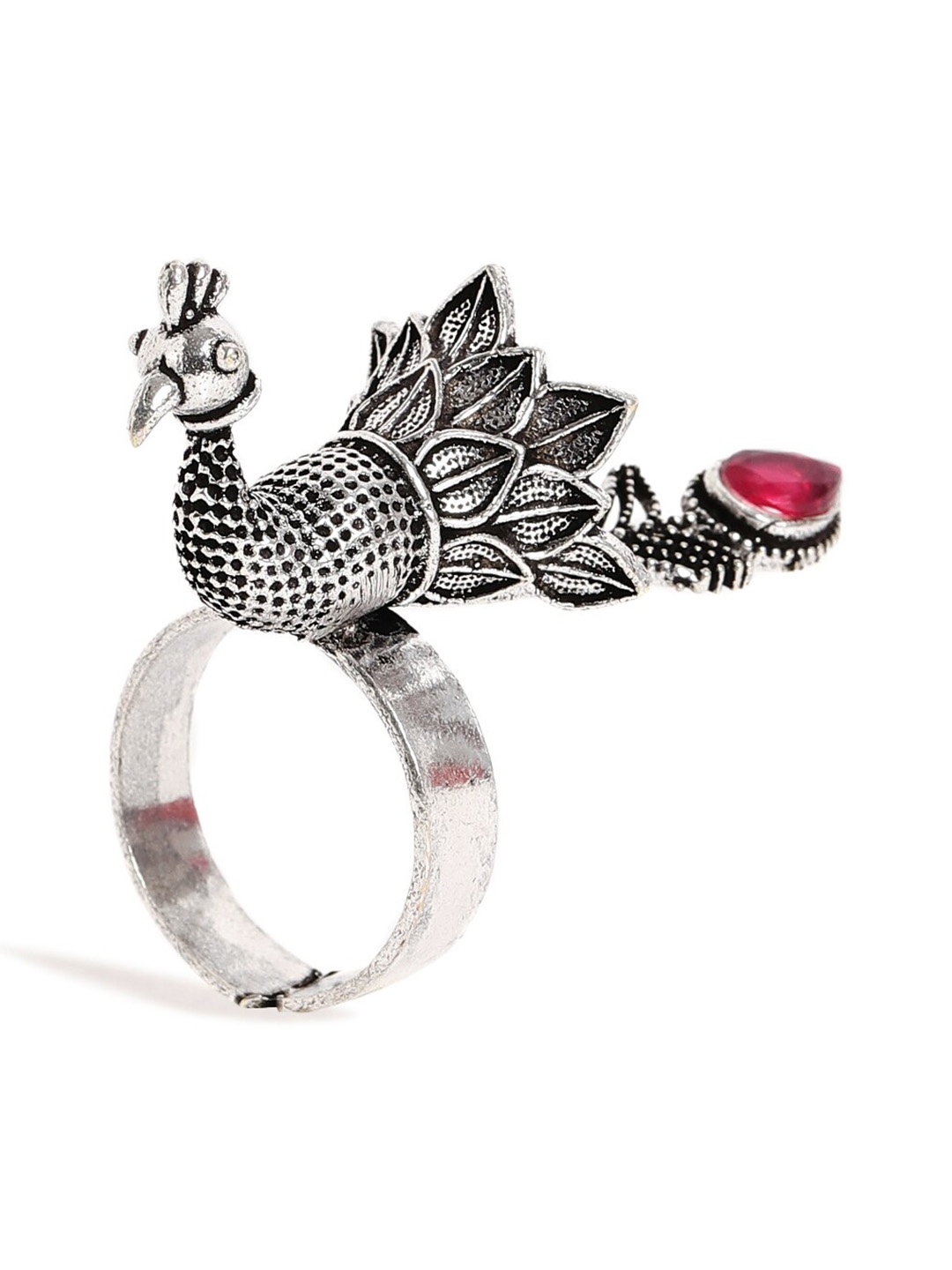 

EL REGALO Silver-Plated Peacock Shaped Adjustable Finger Ring