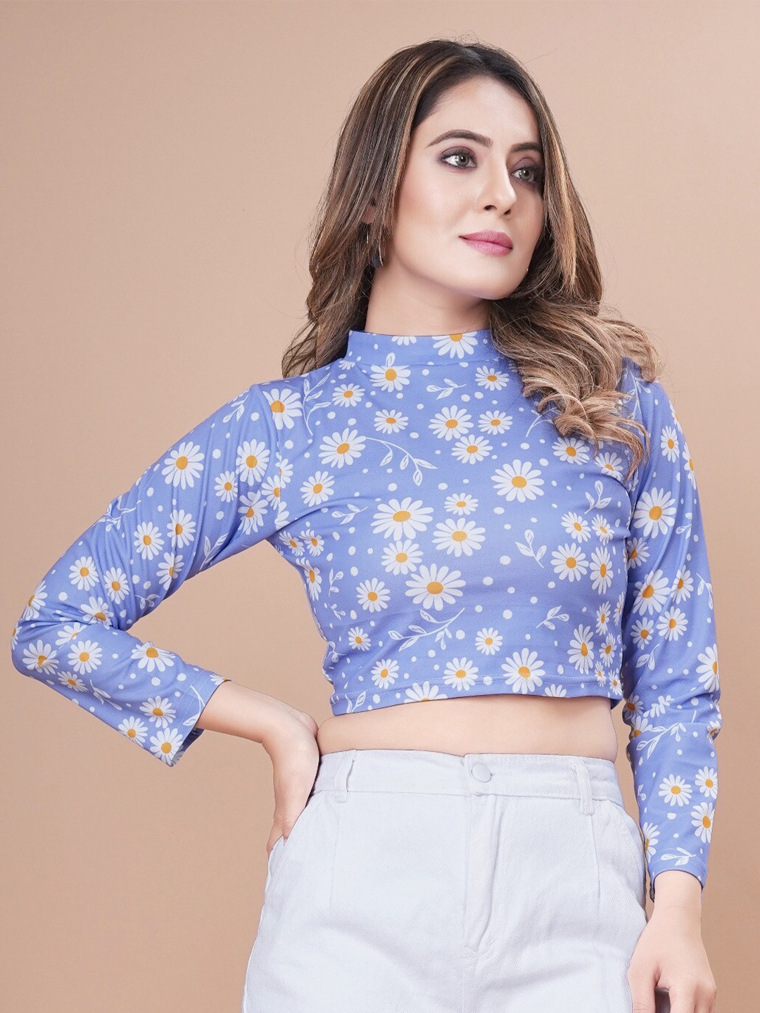 

TIEXA Floral Printed Cotton Fitted Crop Top, Blue