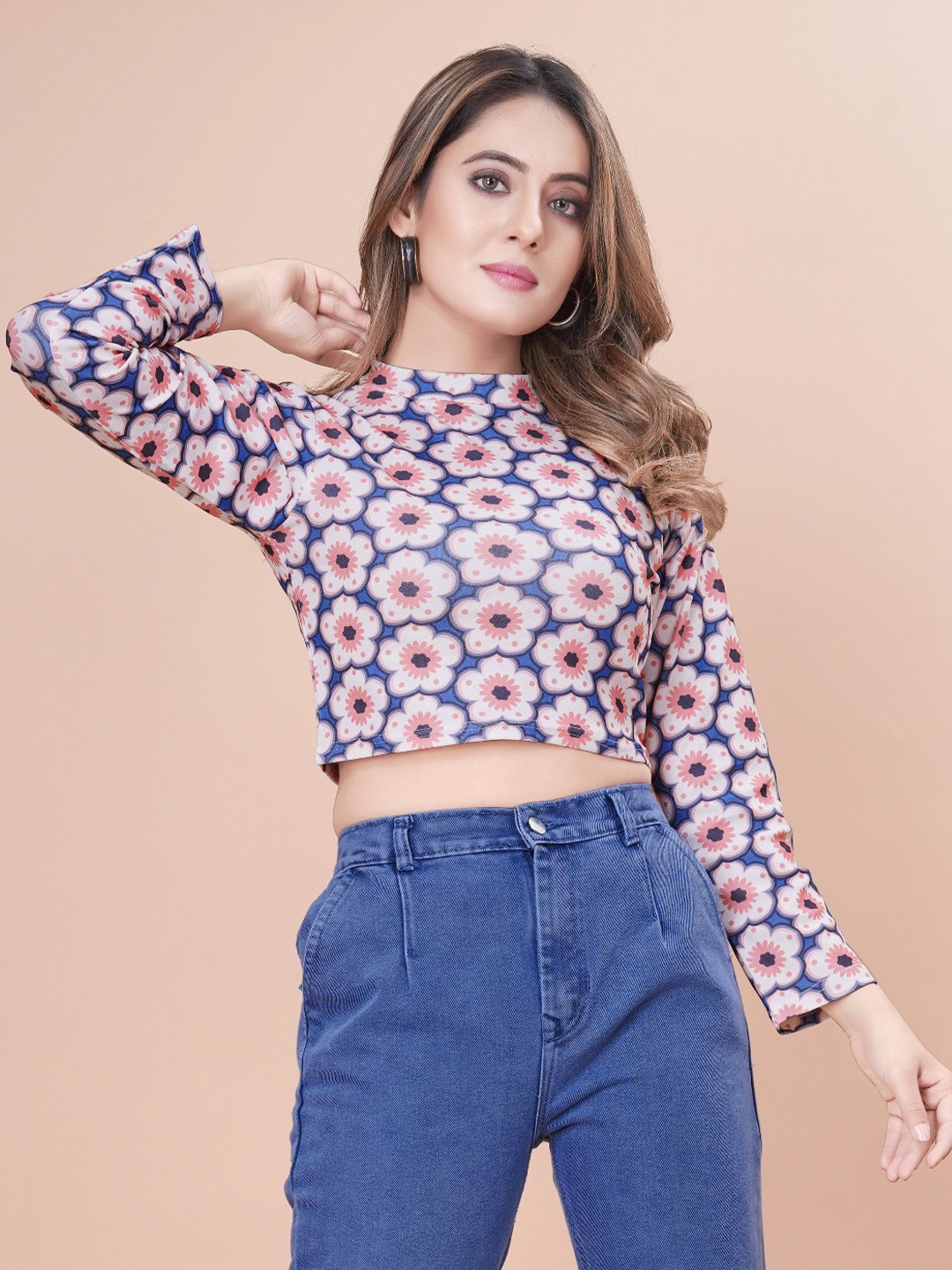 

TIEXA Floral Printed Cotton Fitted Crop Top, Navy blue