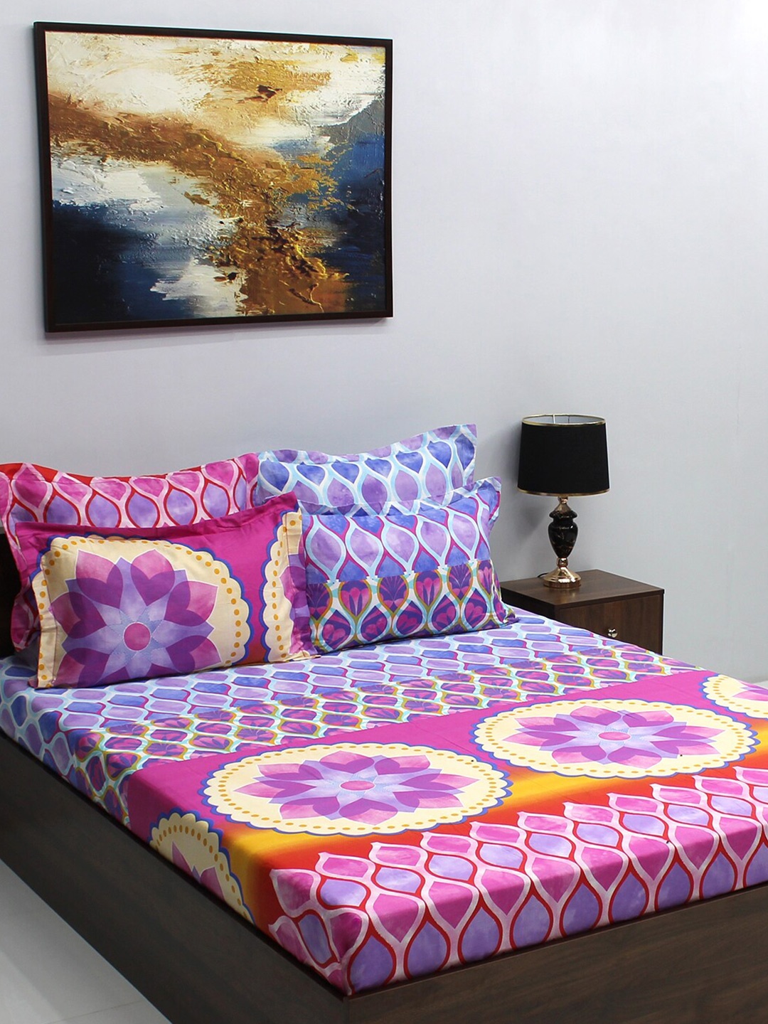 

BOMBAY DYEING Celebrating India Purple & Yellow Printed Cotton 210 TC King Bedsheet Set