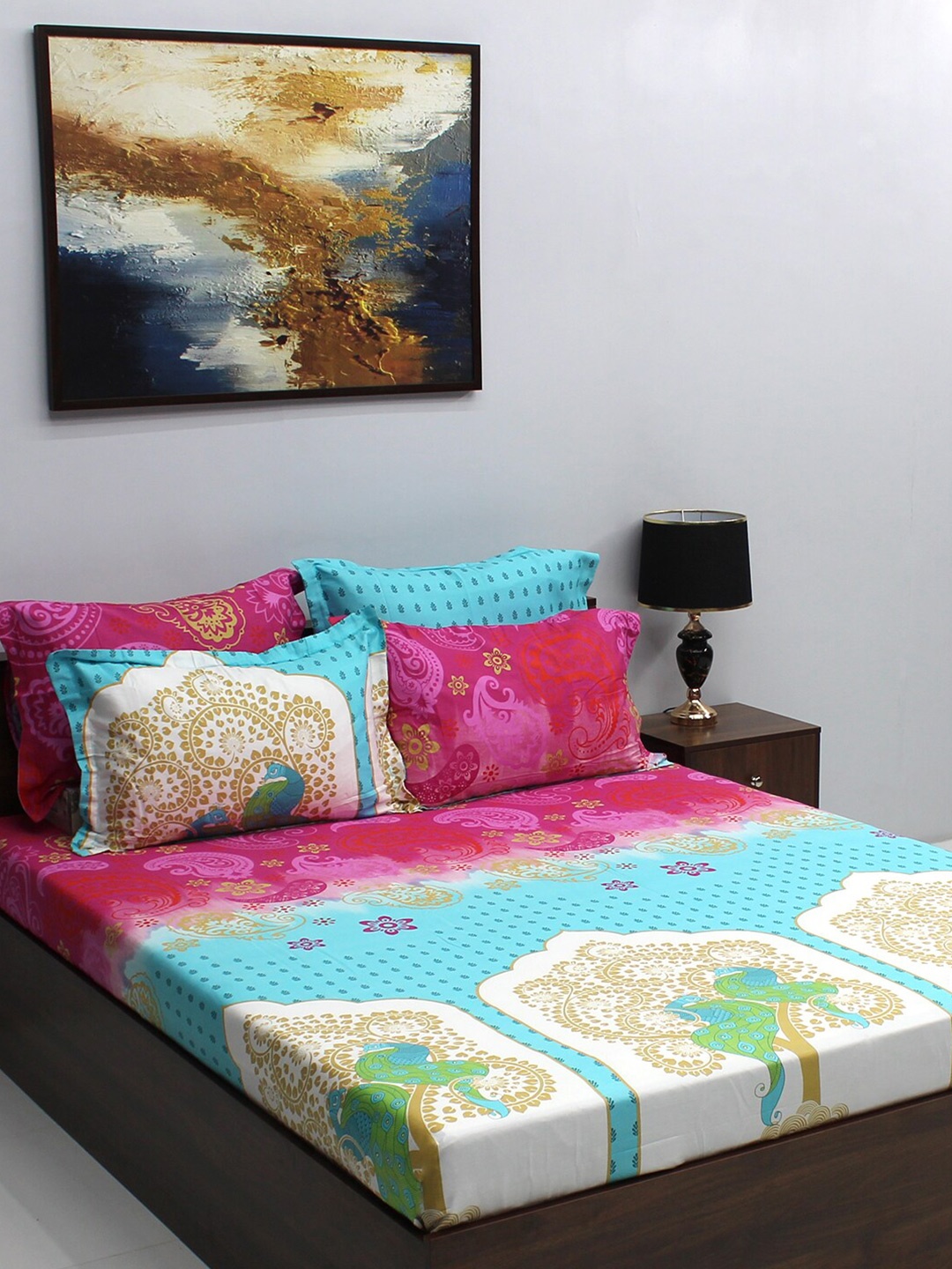 

BOMBAY DYEING Celebrating India Blue & Pink Printed Cotton 210 TC King Bedsheet Set