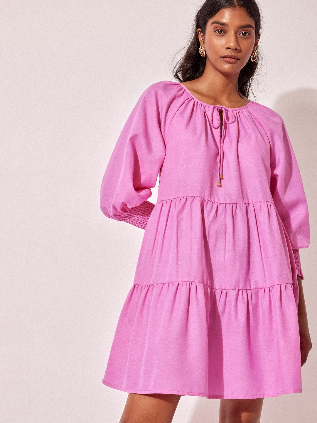 

The Label Life Tie-Up Neck Puff Sleeve Linen Fit & Flare Dress, Pink