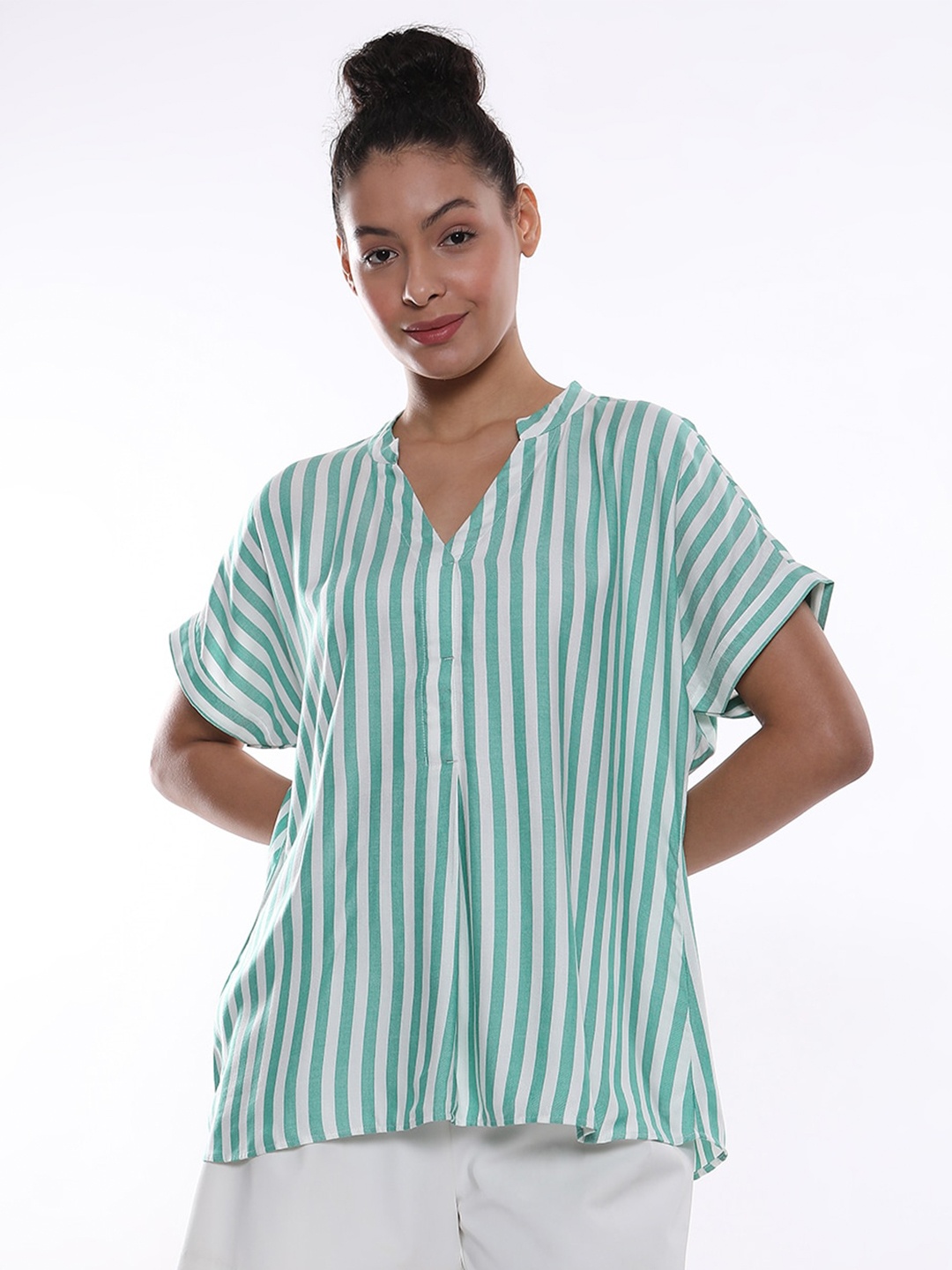 

Gazillion Striped Mandarin Collar Boxy Top, Green