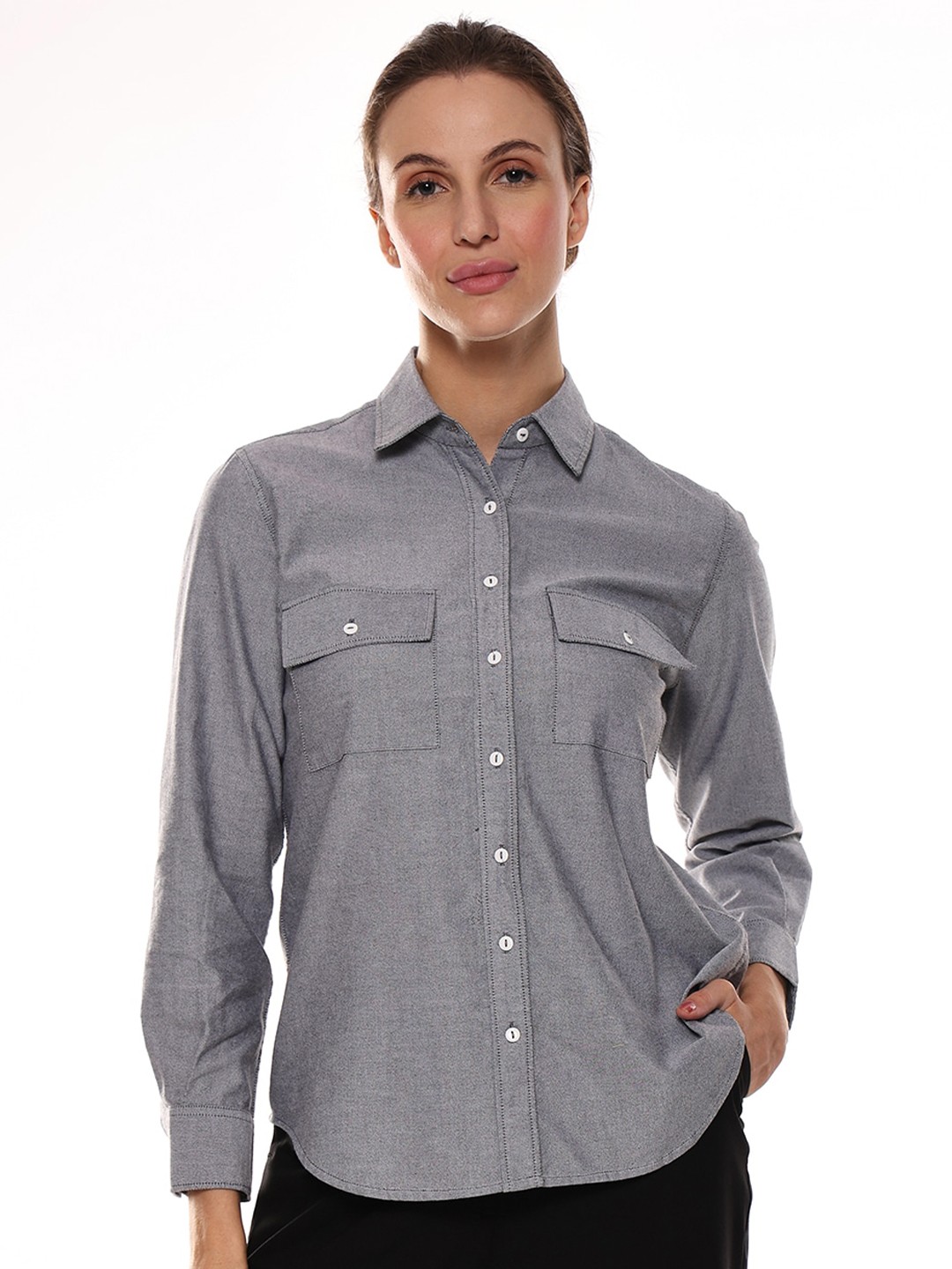 

Gazillion Smart Chambray Weave Pure Cotton Casual Shirt, Grey
