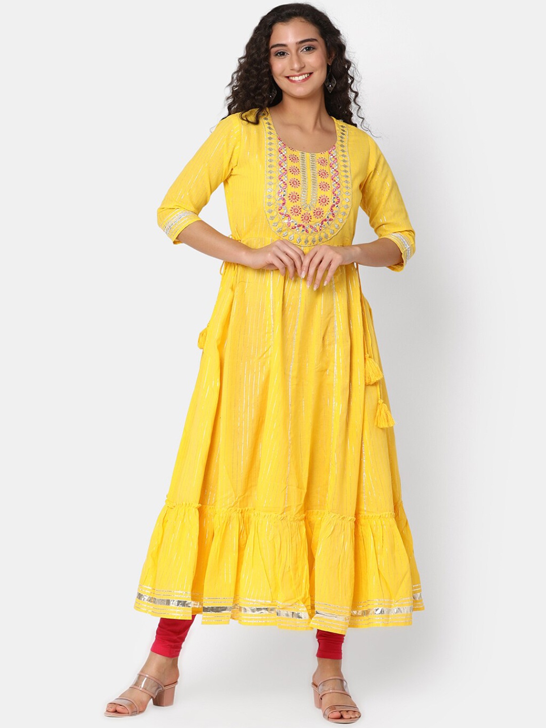 

V-Mart Floral Embroidered Round Neck Yoke Design Gotta Patti Anarkali Cotton Kurta, Yellow