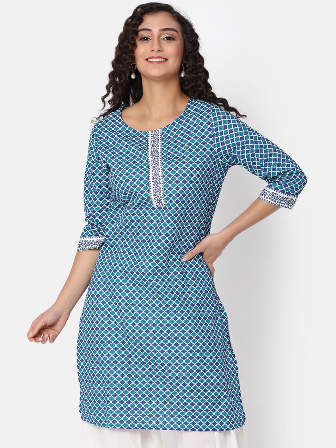 

V-Mart Geometric Printed Round Neck Straight Cotton Kurta, Blue