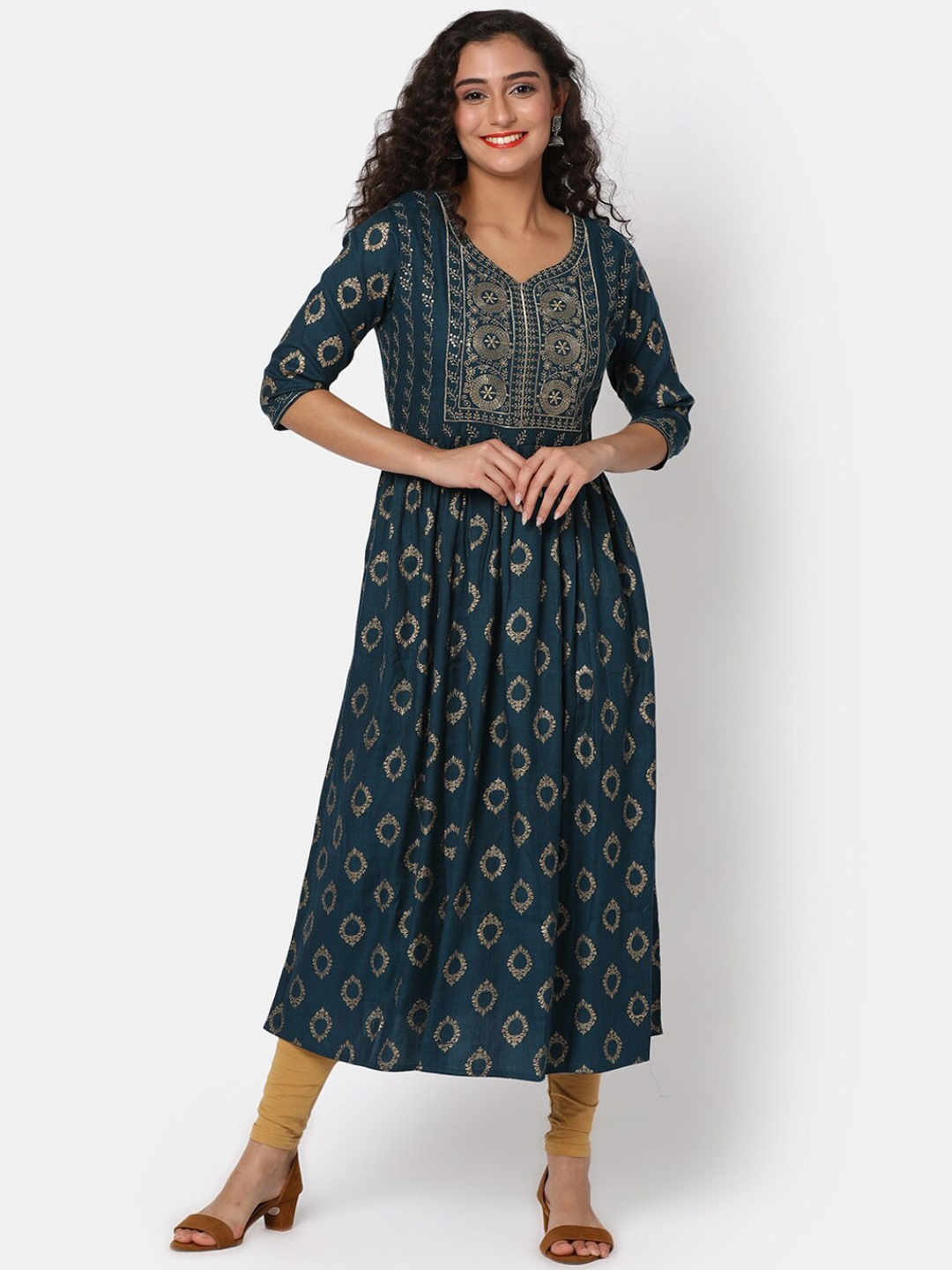 

V-Mart Ethnic Motifs Printed Round Neck Embroidered Sequinned Yoke Design A-Line Kurta, Green