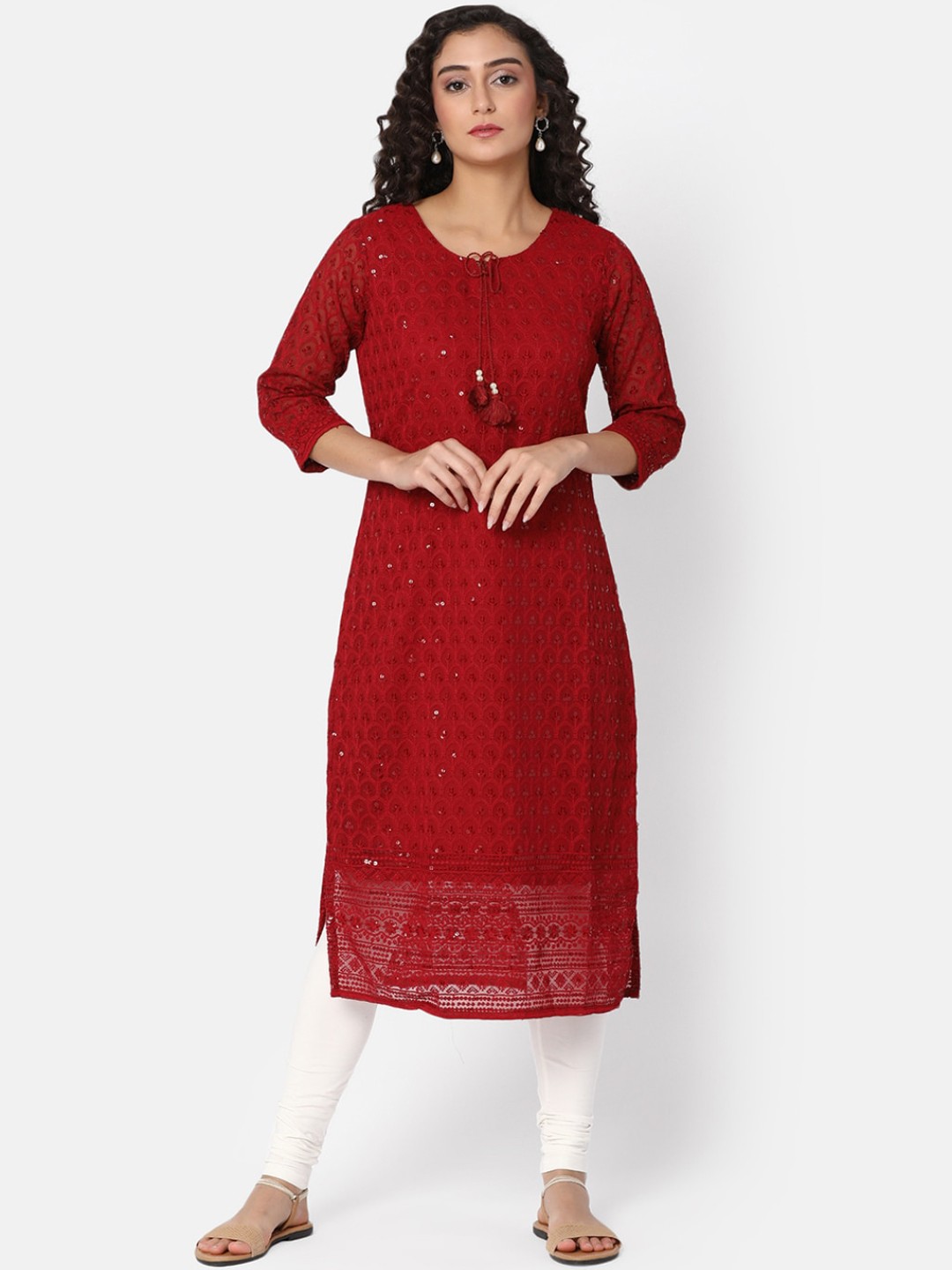 

V-Mart Ethnic Motifs Tie-Up Neck Sequinned Kurta, Red