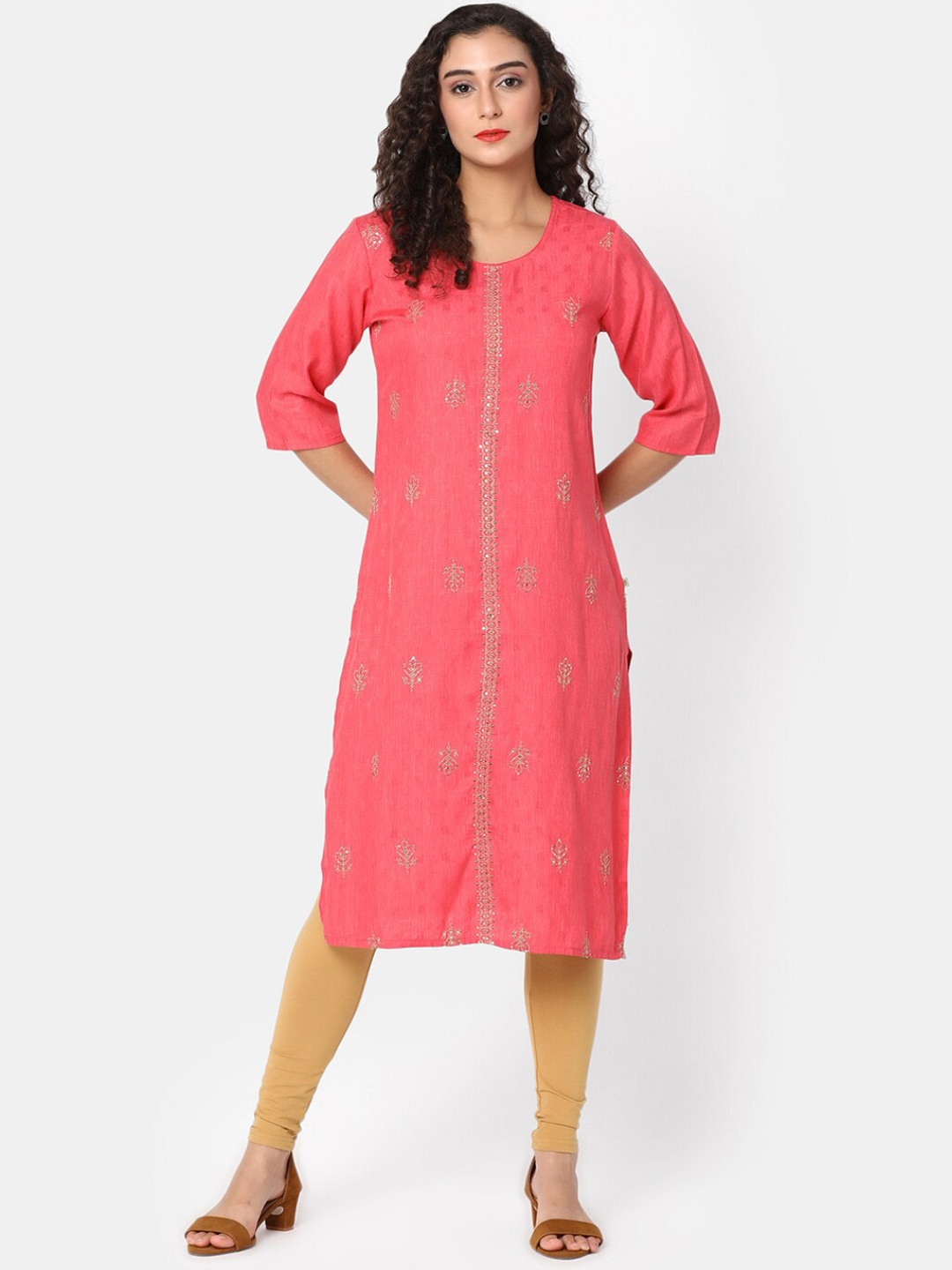 

V-Mart Embroidered Round Neck Sequinned Straight Kurta, Pink