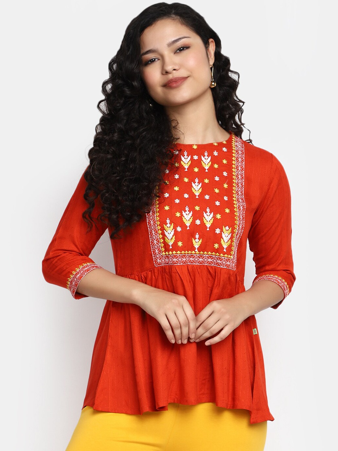 

V-Mart Ethnic Motifs Embroidered Peplum Top, Orange