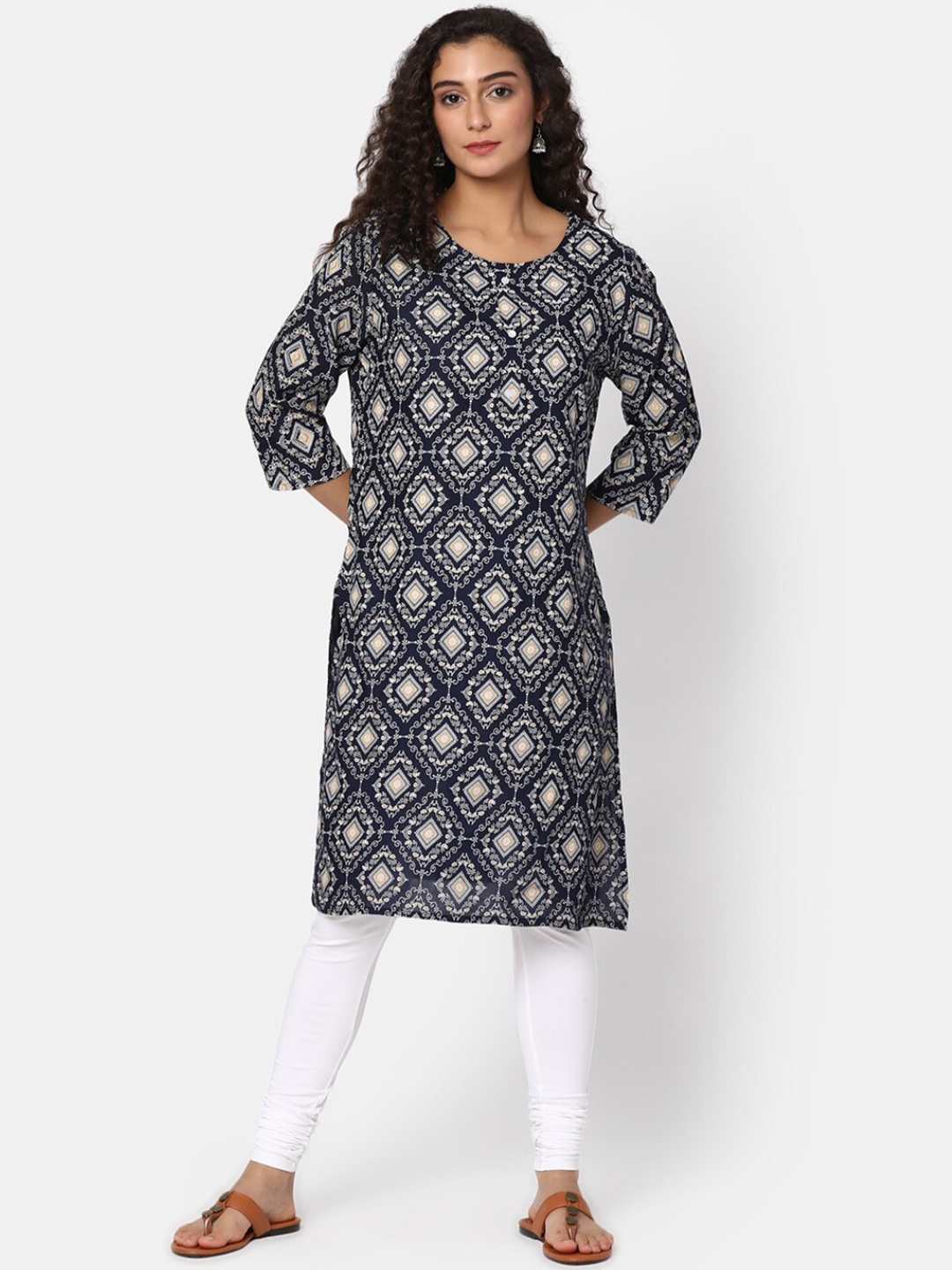 

V-Mart Ethnic Motifs Printed Round Neck Straight Kurta, Blue