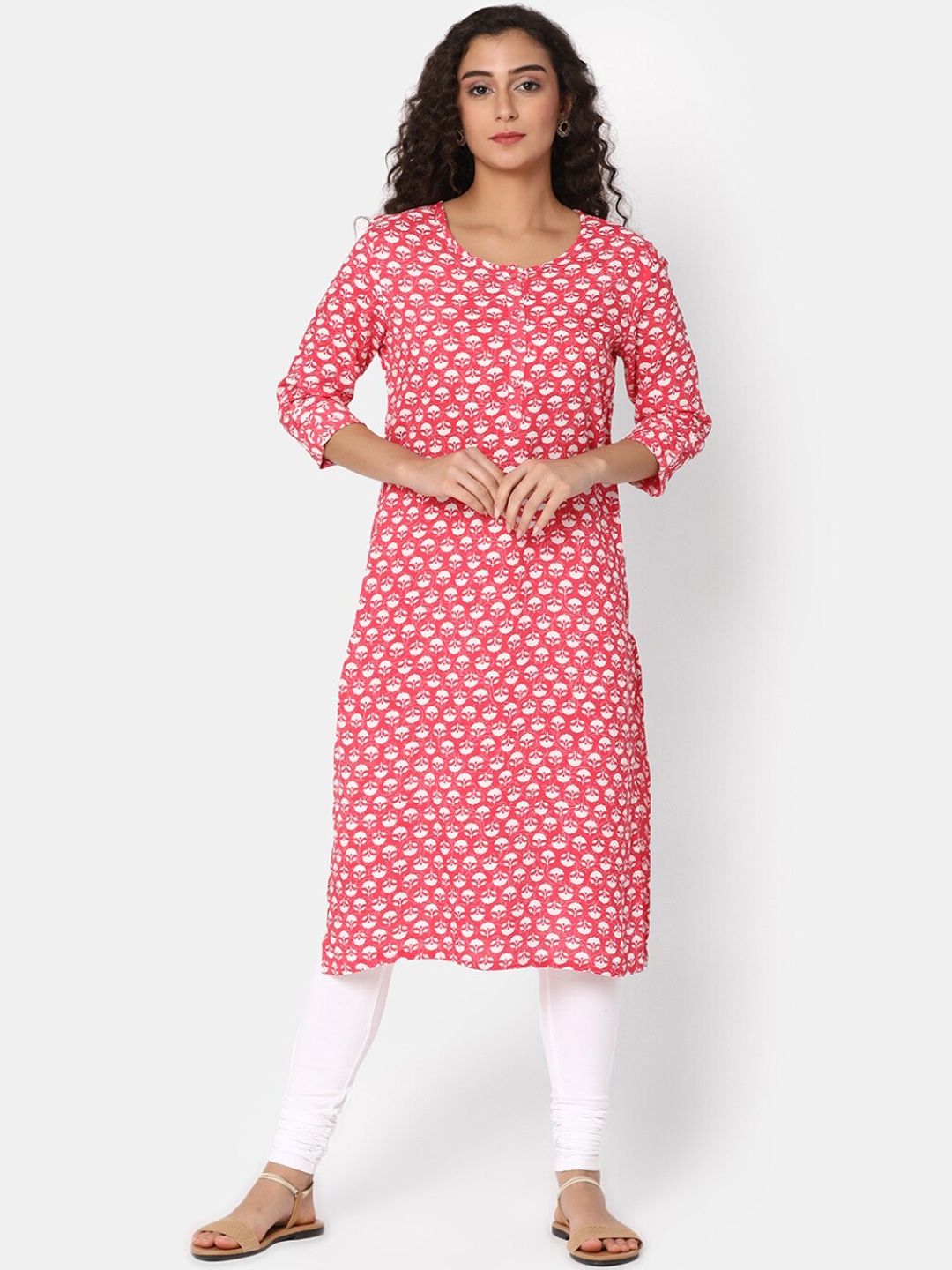 

V-Mart Floral Printed Round Neck Kurta, Red