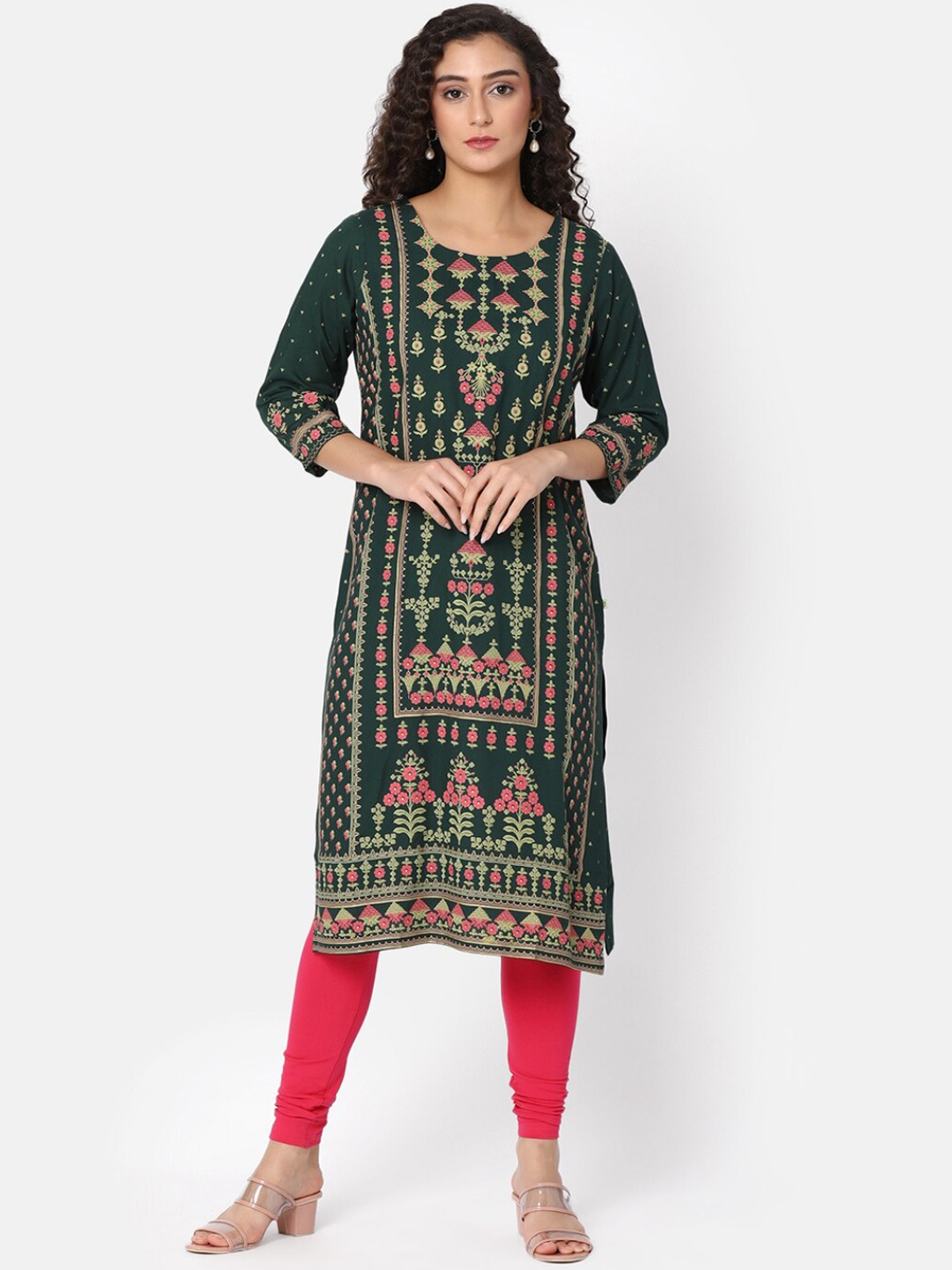 

V-Mart Ethnic Motifs Printed Straight Kurta, Green