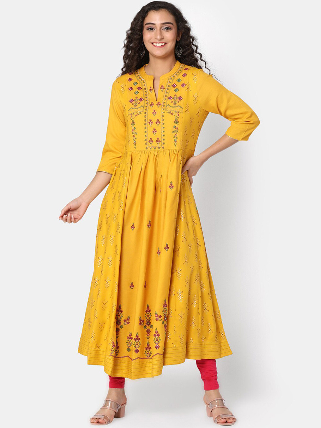 

V-Mart Floral Embroidered A-Line Kurta, Mustard