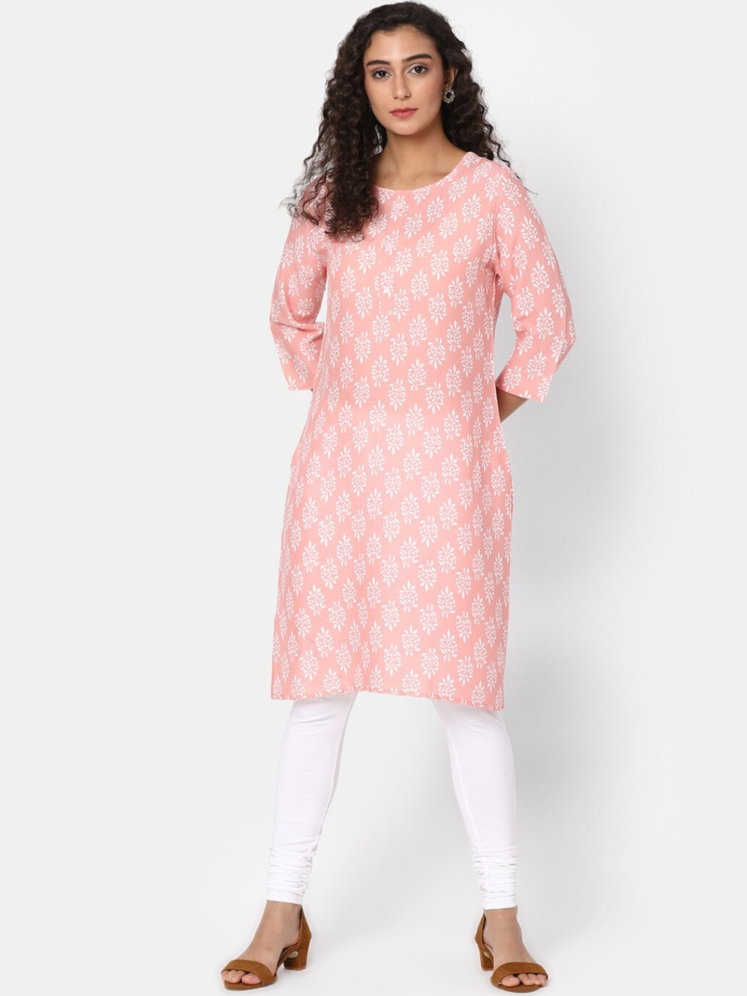 

V-Mart Ethnic Motifs Printed Round Neck Straight Kurta, Pink