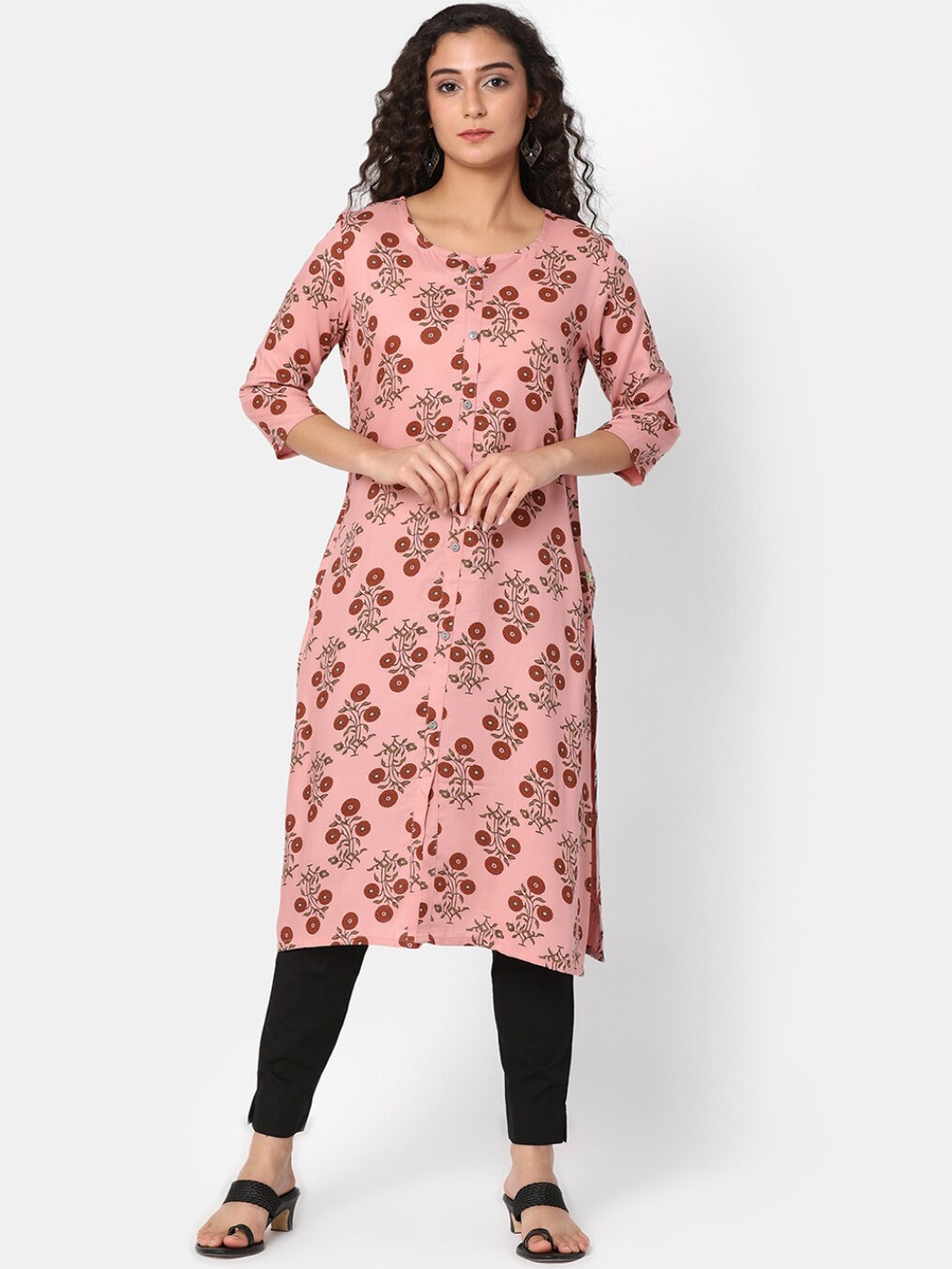 

V-Mart Floral Printed Cotton A-Line Kurta, Pink