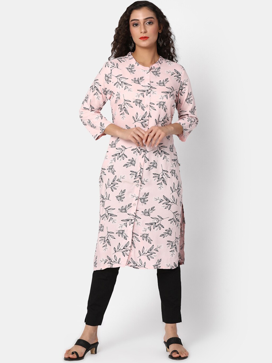 

V-Mart Floral Printed Mandarin Collar Cotton Straight Kurta, Pink