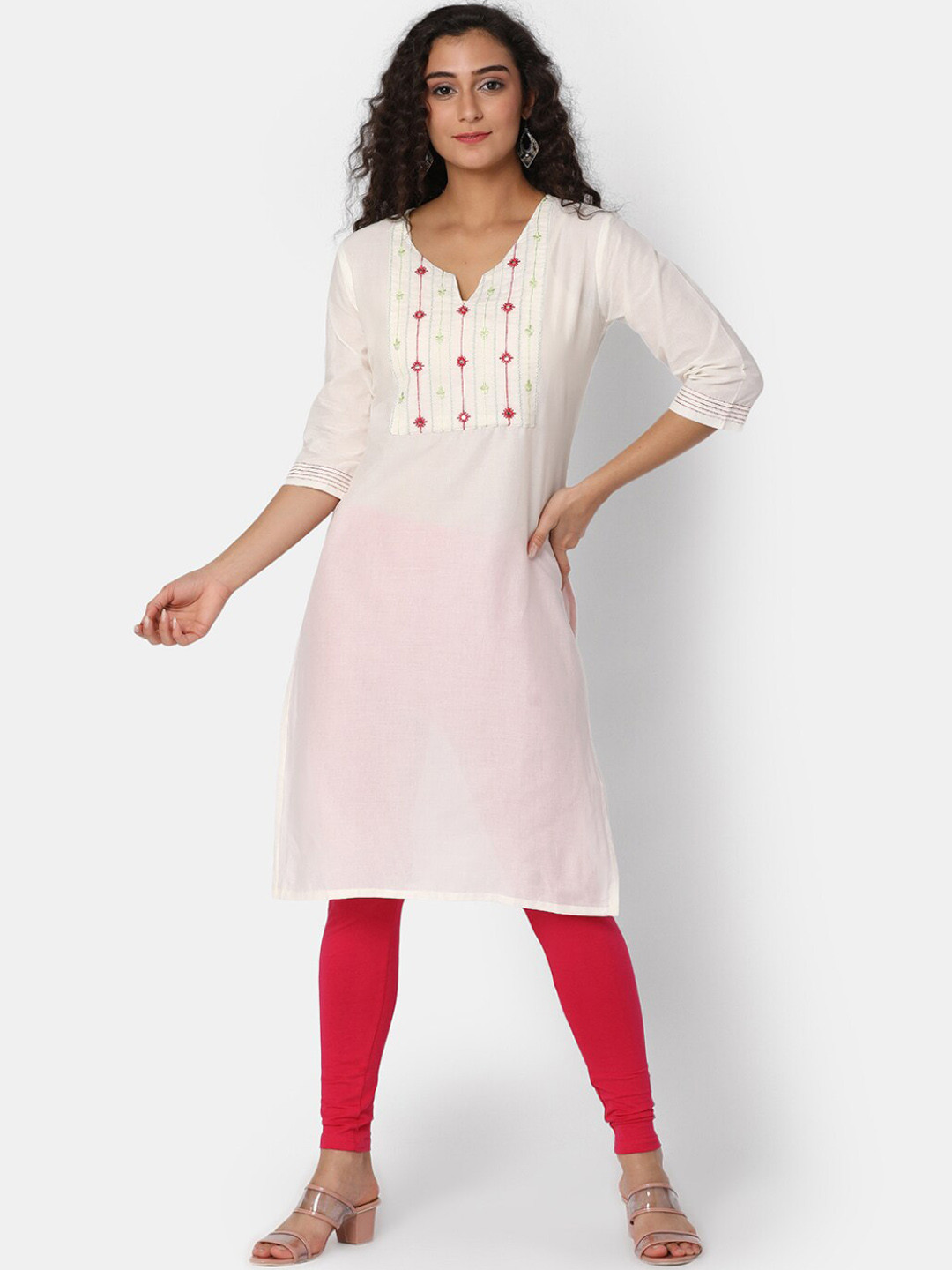 

V-Mart Embroidered Round Neck Mirroe Work Kurta, White