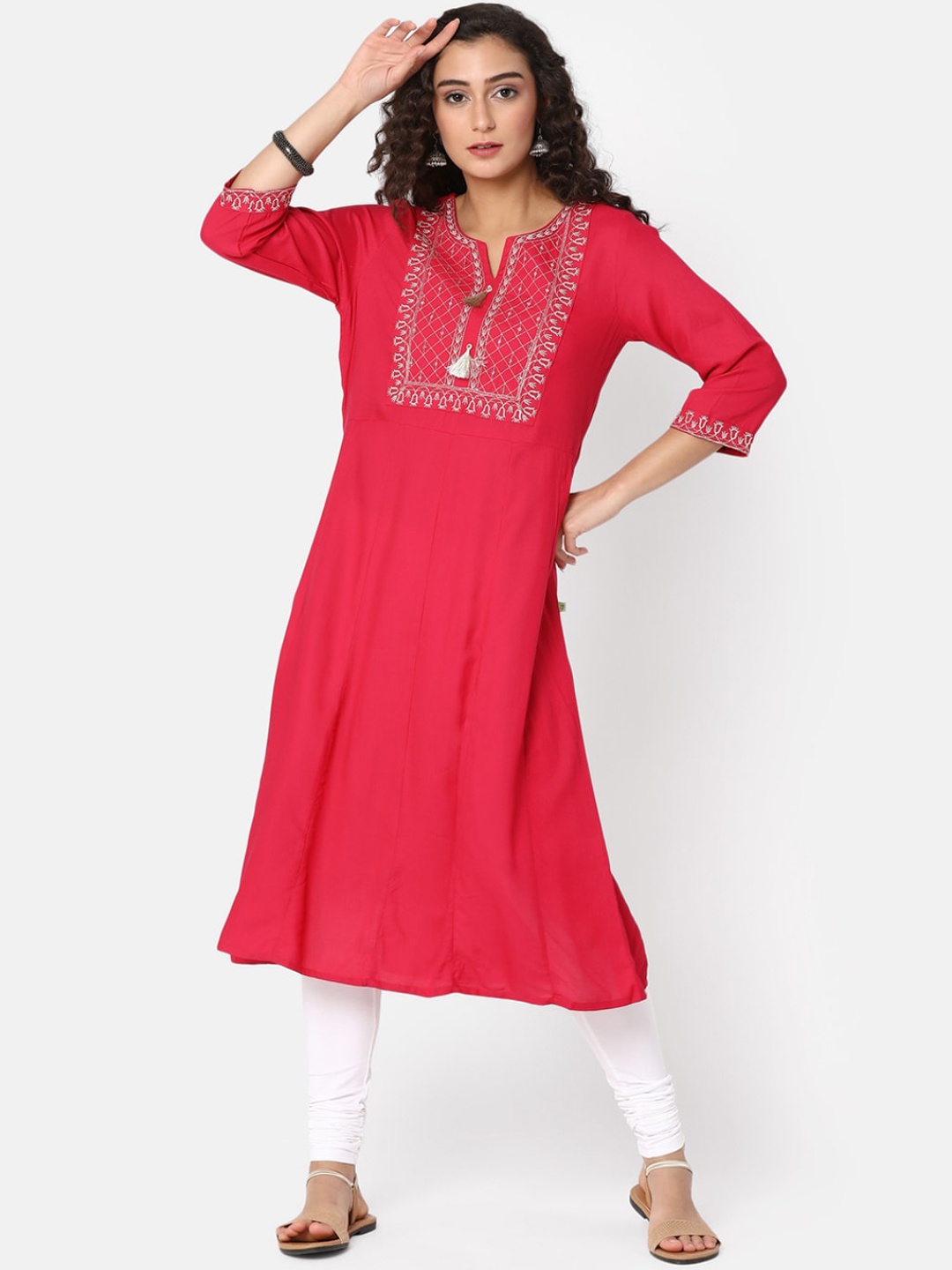 

V-Mart Ethnic Motifs Yoke Design Thread Work A-Line Kurta, Pink