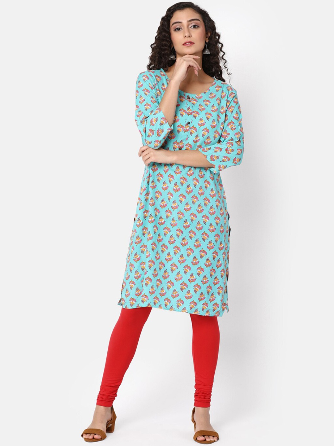 

V-Mart Ethnic Motifs Printed Round Neck Straight Kurta, Green