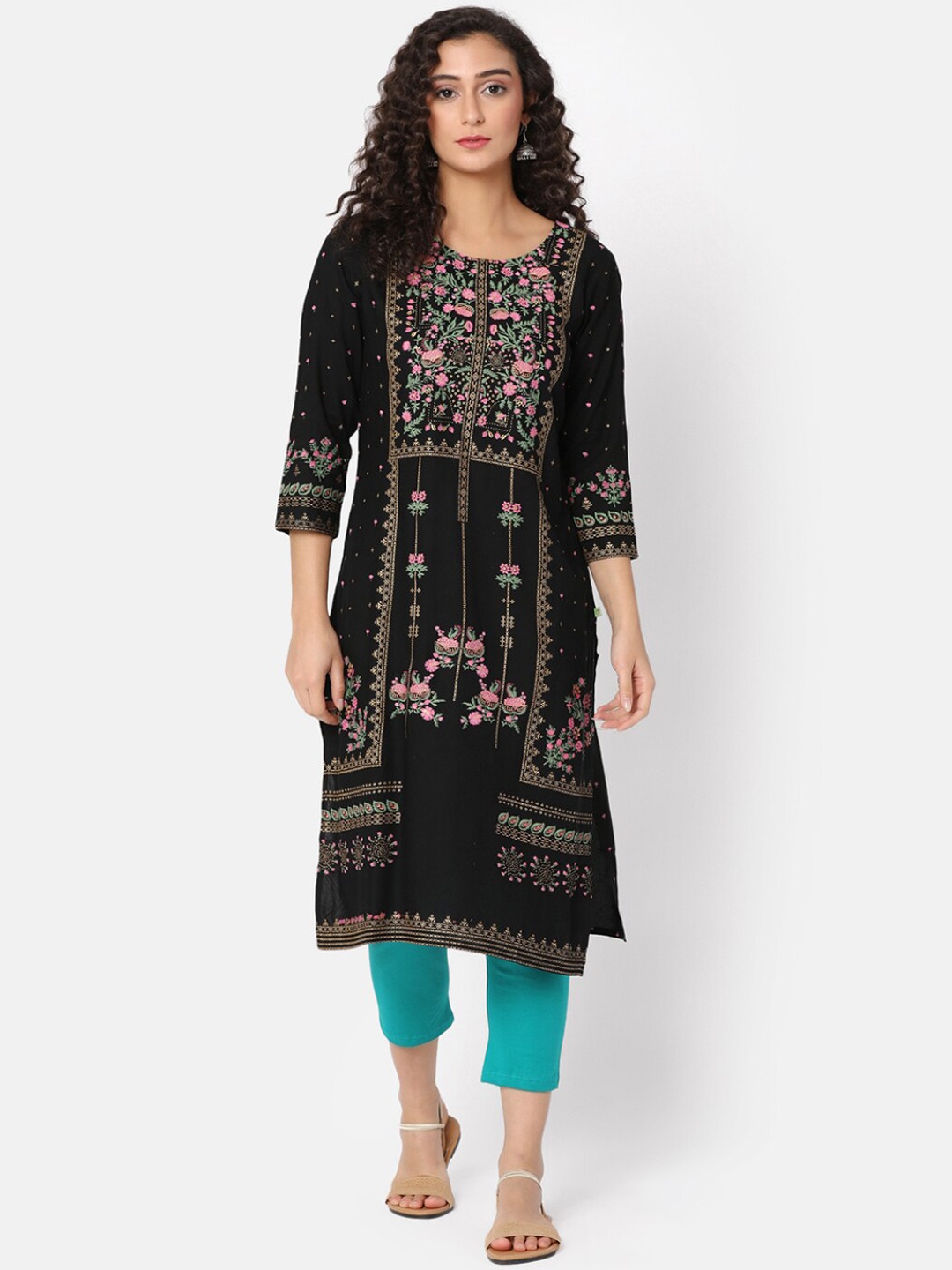 

V-Mart Floral Printed Thread Work Kurta, Black